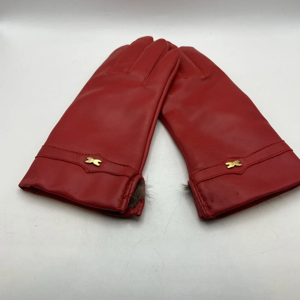 Vintage Red Dress Gloves Rabbit Fur Trim Cuff Sz M/L Fits XS Kids Petite Retro